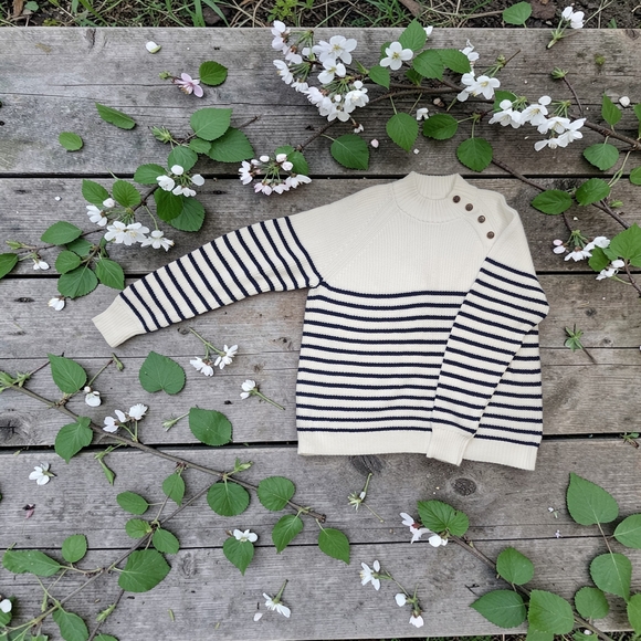 J. Crew Sweaters - J. Crew White And Navy Stripe Cotton Sweater with Tortoise Buttons